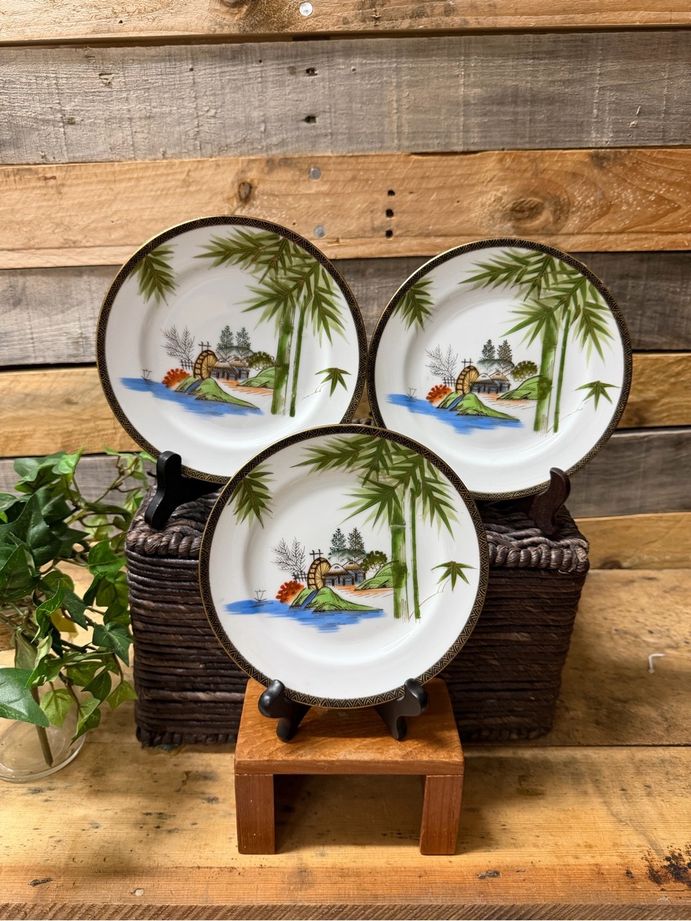 Set of  3 Vintage Hayasi Fine China Asian Bamboo Motif Dessert Plates